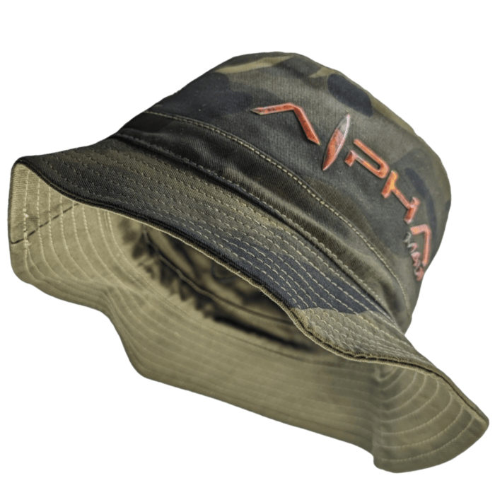Introducing the Alpha Maui Bucks Ranger: a camo-patterned bucket hat with "Alpha Maui" stylishly embroidered in vibrant orange on the front. This hat comes with a wide, downward-sloping brim and detailed stitching along the edges. Perfect for beach apparel, its casual design seamlessly fits into both outdoor and streetwear fashion.