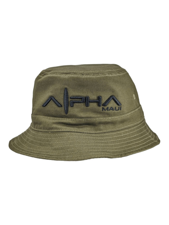 The Alpha Maui Coalition Forces bucket hat, in a stylish olive-green, showcases embroidered "Alpha Maui" text on the front with distinctive horizontal lines through the "A" letters. Ideal for beach outings, this hat features a classic brim and detailed stitching around the edges, capturing Hawaii's Ohana spirit perfectly.