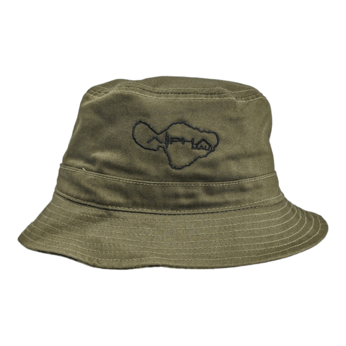 The Alpha Maui Coalition Forces khaki bucket hat boasts a stitched black outline of the African continent with the word "AFHA" embroidered inside on the front. Ideal for beachwear, it features a slightly slouched brim and a stitched band around its base.