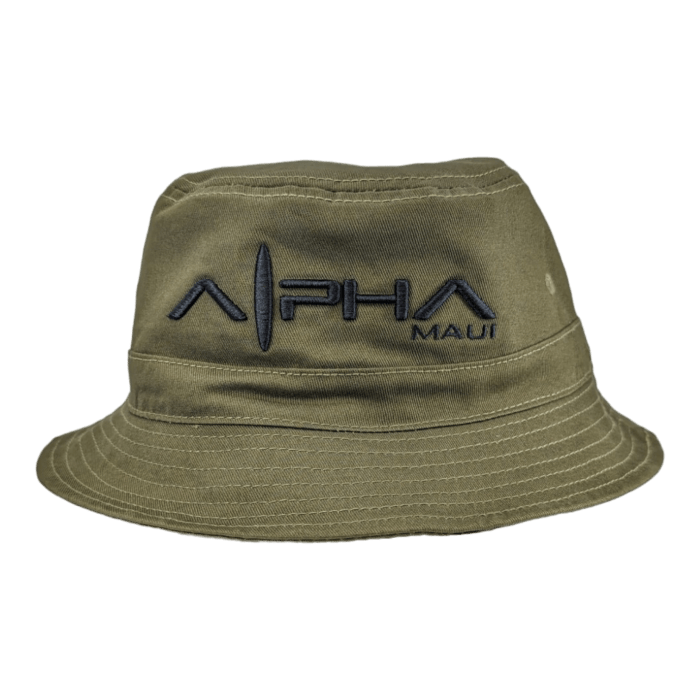 An olive green bucket hat featuring the words "Alpha Maui Coalition Forces" embroidered in dark blue, stylized with a vertical line separating "A" and "lpha." The word "Ohana" is embroidered in smaller blue letters below “Alpha Maui” on the right side.