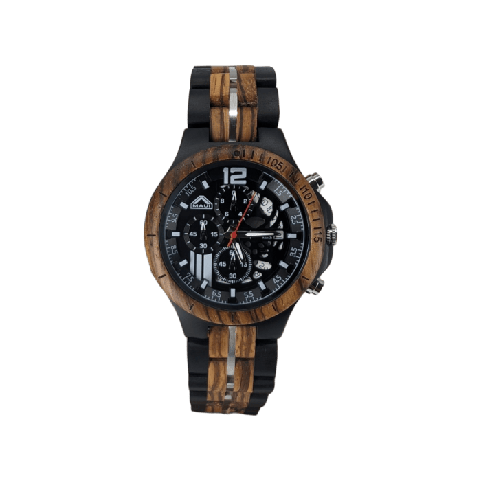 A stylish wristwatch featuring a blend of wood and black metal elements, perfect for complementing your Hawaii beach apparel. The watch has a black dial with white and luminous hour markers and hands, along with sub-dials for chronograph functions and a date window. The strap is a combination of wood and black links.