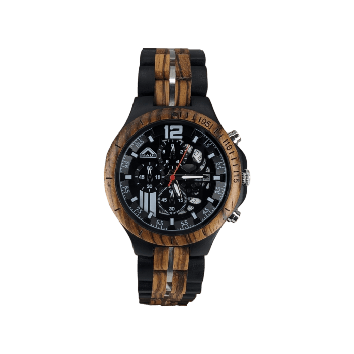 A stylish wristwatch featuring a black face with multiple subdials, a red second hand, and large 12 and 6-hour markers. The watch case and band are made of wood and black material with a striped design, blending seamlessly into your beach apparel. It has a modern, rugged aesthetic reminiscent of Hawaii's natural beauty.