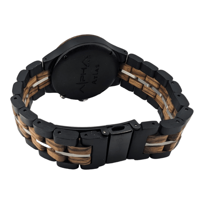 Back view of a wristwatch with a wooden and black metal band. The back of the watch case reads "Alpha Maui Atlas." The wood elements are light brown, adding a striped pattern to the band, reminiscent of Hawaii's natural beauty.