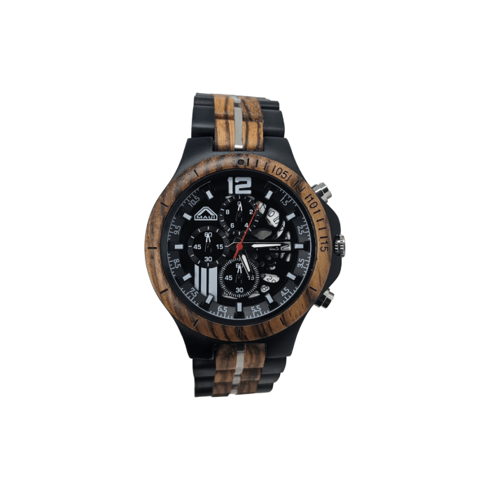 A stylish wristwatch featuring a black dial with multiple subdials and white markers. The watch has a unique black and brown striped band, likely made from wood and metal, reminiscent of sophisticated beach apparel. The bezel combines the same materials, completing the Aloha-inspired design.