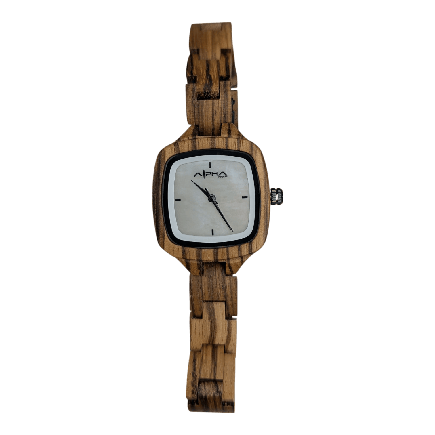 The Alpha Maui The Intrigue is a rectangular wooden wristwatch with a minimalist dial and simple hour markers. Its natural wood band and case offer a rustic, eco-friendly look.
