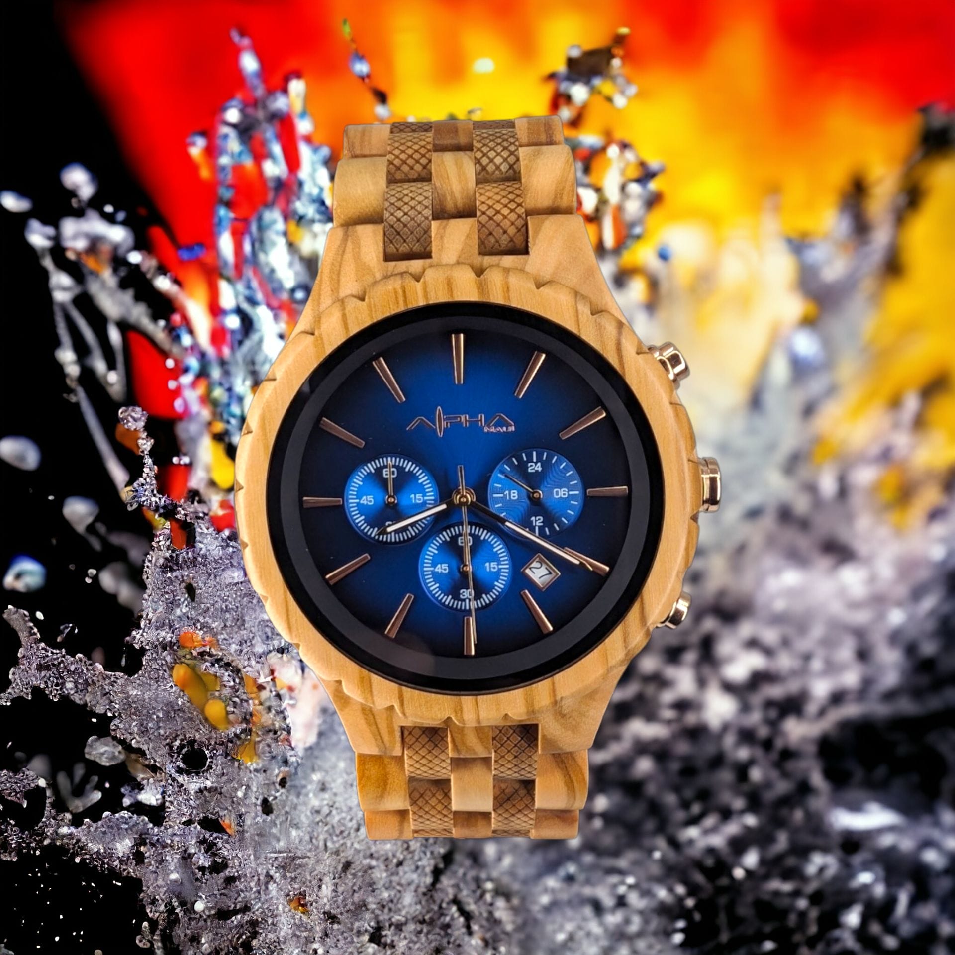 A stylish wooden wristwatch with an intricate band design, featuring a black face with blue sub-dials and silver markers. The background is a dynamic, high-contrast blend of shattered ice and fiery flames, reminiscent of the vibrant energy found in Hawaii's Alpha Maui landscapes.