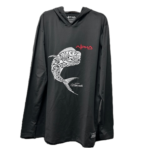 The Alpha Hoodie is a black long-sleeve hooded shirt featuring a white intricately designed fish on the front. Above the fish, the brand name "Alpha" is displayed in red, and below it, there is text that reads "White Marlin." This piece of beach apparel embodies an Ohana spirit as it hangs against a plain background.