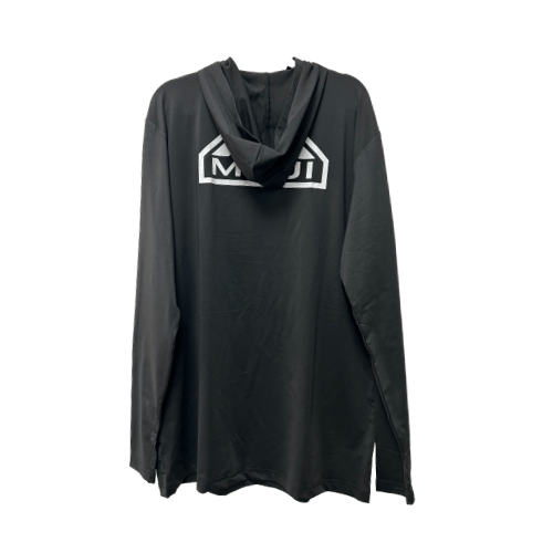 The Alpha Hoodie, a black long-sleeve garment, is shown from the back and features a white rectangular logo with the text "Alpha Maui" on the upper back. The hoodie maintains a minimalist aesthetic without any additional designs, offering a simple yet stylish tribute to Hawaii.