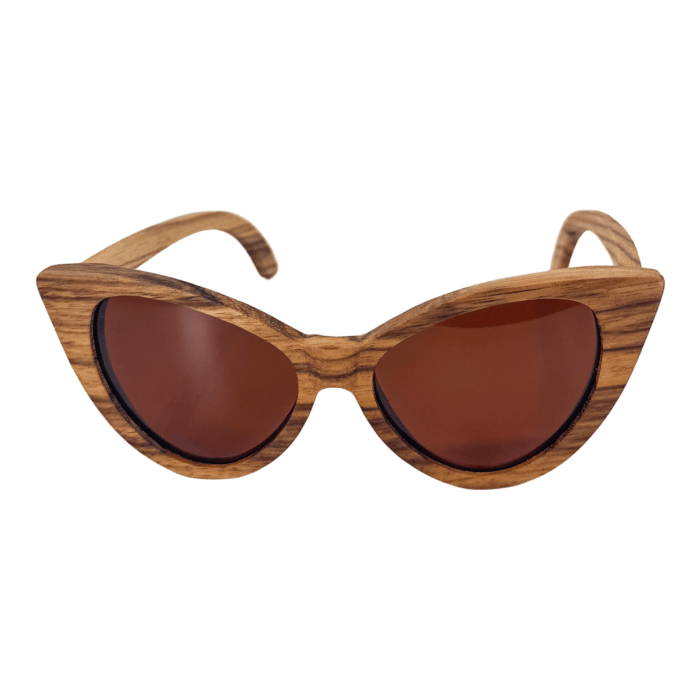 A pair of Alpha Cat Eye sunglasses with brown, zebrawood frames and dark brown lenses. The frames have a smooth, polished finish, and the arms curve slightly outward at the ends. These sunglasses boast a stylish, vintage-inspired design perfect for your beach apparel collection.