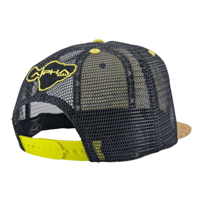 The Alpha Maui The Valley Isle black mesh baseball cap, featuring a bright yellow embroidered logo and matching brim, is showcased from the back. Ideal for your beach apparel, this cap includes an adjustable yellow snapback closure that captures the spirit of Ohana.