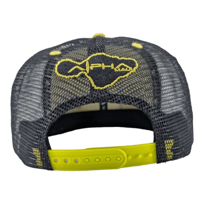 The back view of the Alpha Maui The Valley Isle black mesh baseball cap showcases a yellow embroidered logo and lettering. Ideal for beachwear, this cap features a yellow adjustable snapback closure that adds a touch of Aloha spirit to your look.