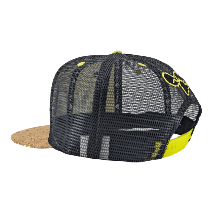 The Alpha Maui The Valley Isle is displayed from the back, featuring a black mesh-back design with a cork brim. It boasts a yellow logo on the side and an adjustable yellow snapback closure. The interior front panels are visible through the mesh, making it an ideal addition to your beach apparel collection.