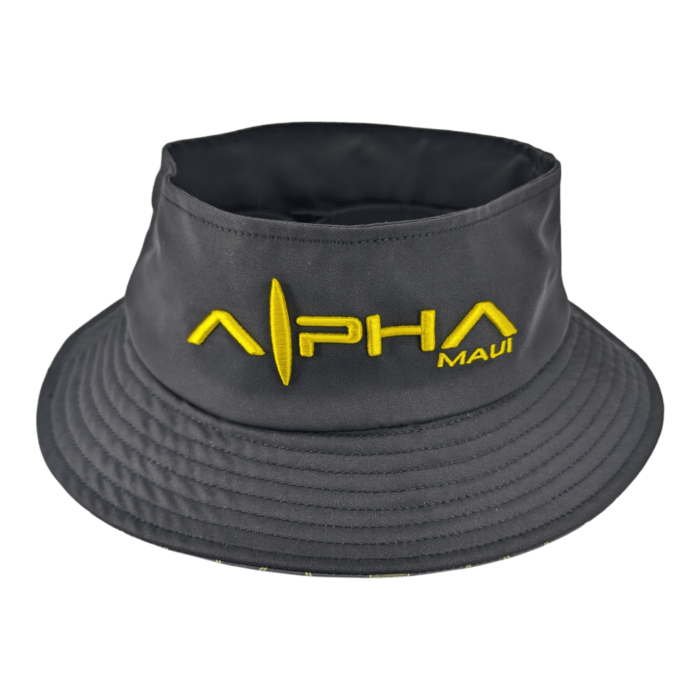 A dark gray bucket hat with a wide brim, featuring the embroidered text "Alpha Maui Bee Bucks" in bright yellow. The "A" in "Alpha" is stylized to resemble a surfboard, invoking the spirit of Hawaii. Perfect for any member of your Ohana, this hat pops against the black background.