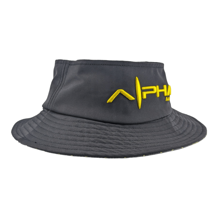 The Alpha Maui Bee Bucks is a dark gray bucket hat with a yellow embroidered "PHa" logo on the front. The hat, infused with a touch of Aloha, features a wide, downward-sloping brim and seems to be made of soft, flexible material.