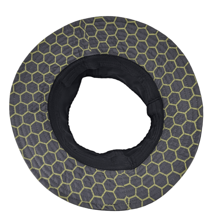 The Alpha Maui Bee Bucks, a trendy piece of beach apparel, encapsulates Hawaii's tropical charm with its black circular fabric design featuring a hexagonal pattern outlined in yellow. The ring-like shape is achieved through the hole at the center, enhancing its quilted texture and overall appeal.