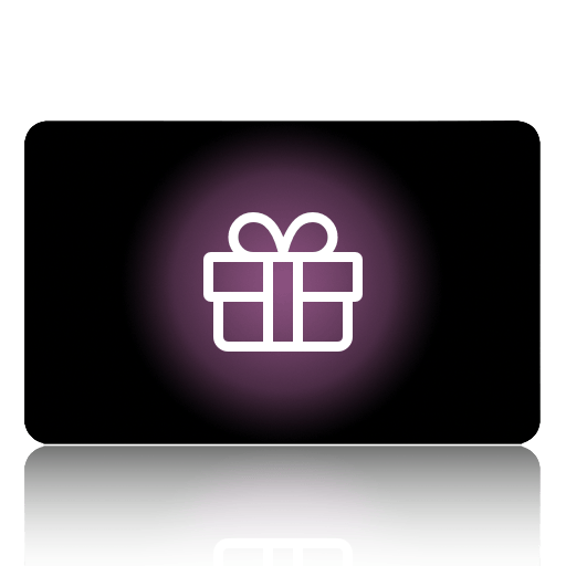 The Alpha Maui Gift Card photo here is rectangular and black with rounded corners. It features a white, gift-wrapped present icon with a bow in the center, highlighted by a soft, glowing purple circle. The card also has a slight reflection at the bottom.