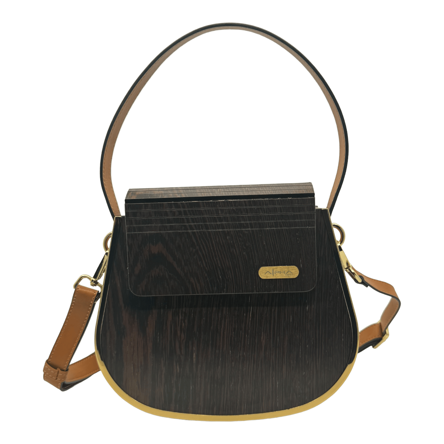 Introducing the Alpha Maui Rockit Carrier Purse: a stylish handbag with a curved base and a long strap, showcasing a dark brown wooden texture on the main body. The bag features a flap closure with a gold-colored accent and gold hardware, enhancing its elegant design. Perfect for embracing the Aloha spirit in your everyday looks.