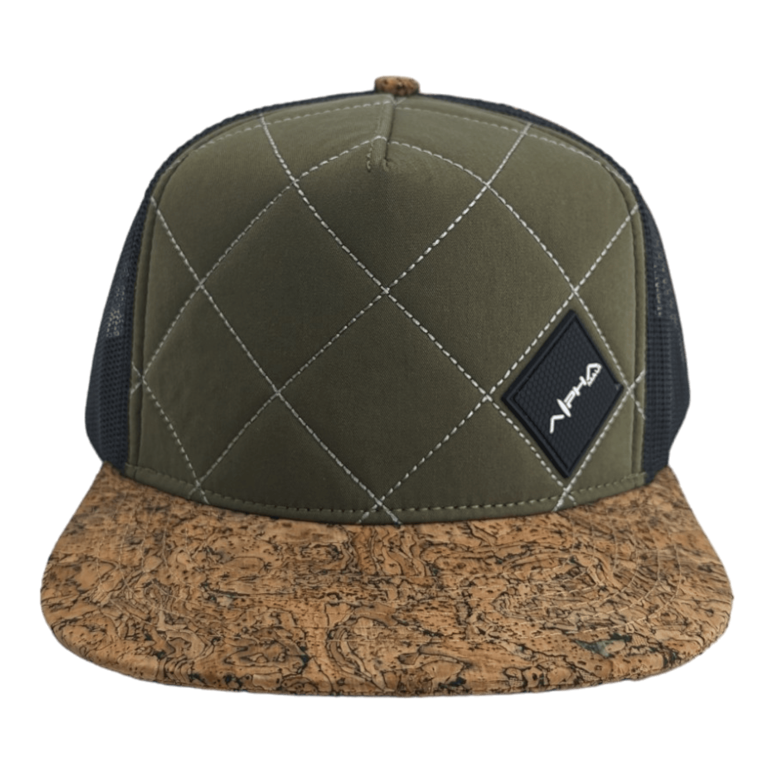 A green quilted snapback hat with black mesh sides, ideal for beach apparel. The front panel features a diamond-stitched pattern and a black rectangular patch with white text. The brim, inspired by Hawaii, is made of a cork-like material with a natural texture – the perfect blend of Alpha Maui style.