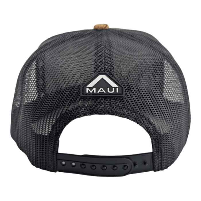 Back view of a black mesh baseball cap featuring an adjustable snapback closure and a rubber "Maui" logo with a triangular mountain design at the center. Perfect for beach apparel, the cap has breathable mesh material and a curved brim.