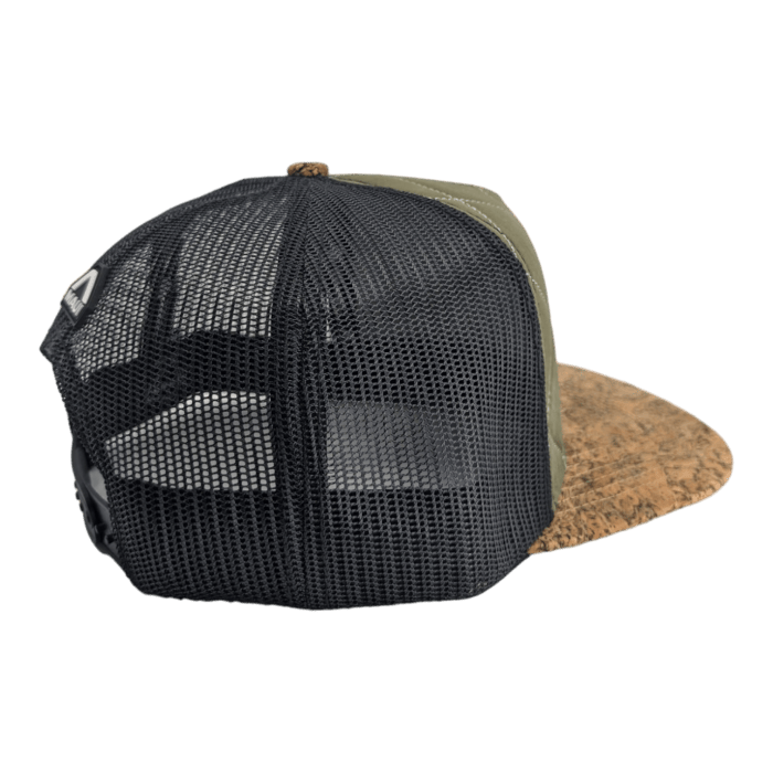 A side view of a snapback cap with a green front, a black mesh back, and a brown cork bill. The back of the cap features a black and white design visible through the mesh. Perfect beach apparel, this Alpha Maui hat embodies the laid-back spirit of Hawaii. The background is transparent.