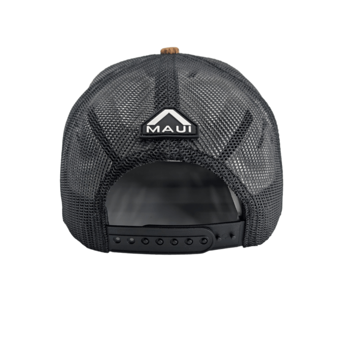 Back view of a black trucker hat with a snapback closure, featuring a triangular logo with the word "Maui" on the back panel. The hat's mesh material ensures breathability, perfect for beach apparel. Aloha vibes are strong with this standout piece against a black background.