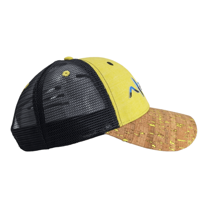 A mesh baseball cap with a black and yellow color scheme, featuring a cork brim and a "New World" logo on the side. Perfect for your beach apparel in Hawaii, the back and sides have a black mesh pattern, while the front panel and top button are yellow.