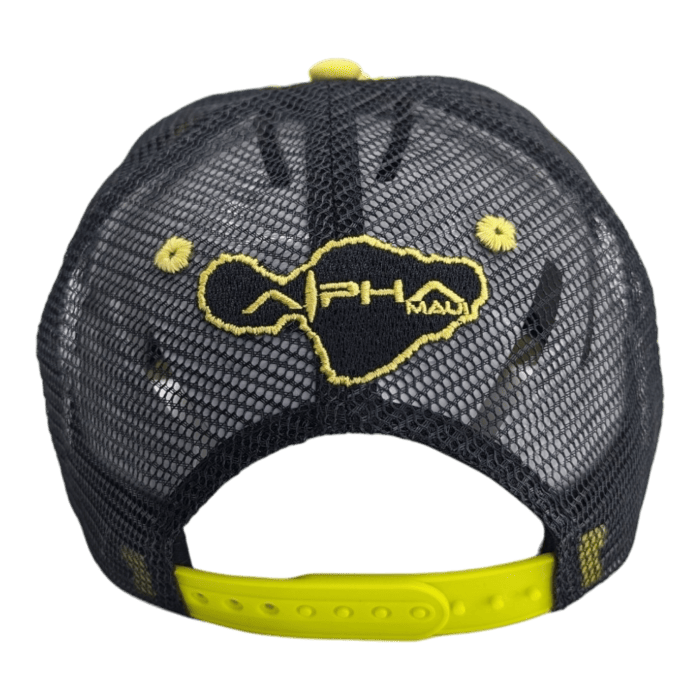 A black mesh baseball cap viewed from the back, featuring a yellow embroidered outline of Maui Island and the text "Alpha Maui" beneath it. Perfect for beach apparel, the cap has a yellow adjustable snapback closure.