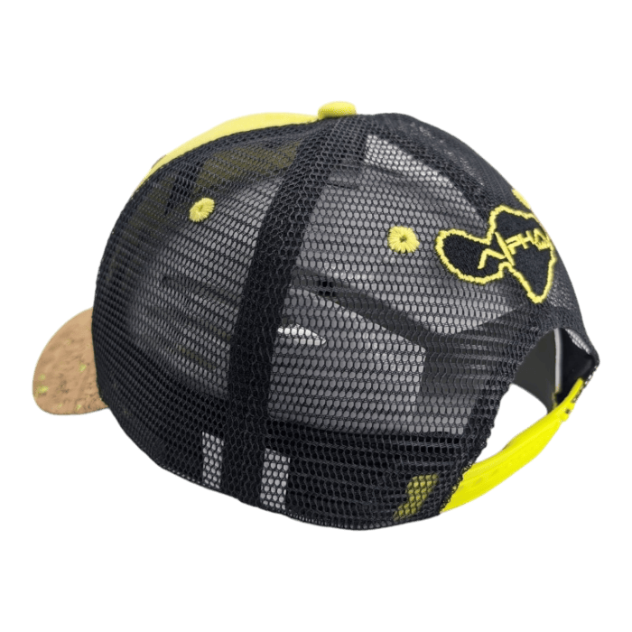 A black mesh baseball cap with neon yellow accents and a cork bill, inspired by the vibrant spirit of Hawaii. The back of the cap features a neon yellow outline of a fish and an adjustable strap for fitting. The cap has distinct, visible stitching and ventilation holes, perfect for your next Ohana adventure.