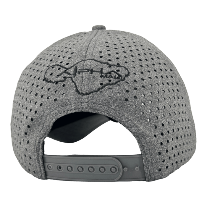 The Alpha Maui Roadster cap in gray is showcased from the back, highlighting its adjustable strap and stitched design on the back panel. The design, reminiscent of Hawaii's island with abstract shapes and lines inside, captures the essence of Ohana.