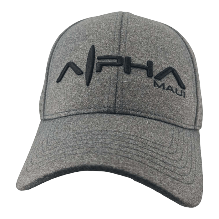 The Alpha Maui Roadster is a gray baseball cap, ideal for beachwear, featuring a black embroidered design with the word "Alpha" in bold letters and a vertical line cutting through the "P" and "H." The word "Maui" is stitched in smaller letters beneath the "A" in "Alpha," lending an Aloha vibe.