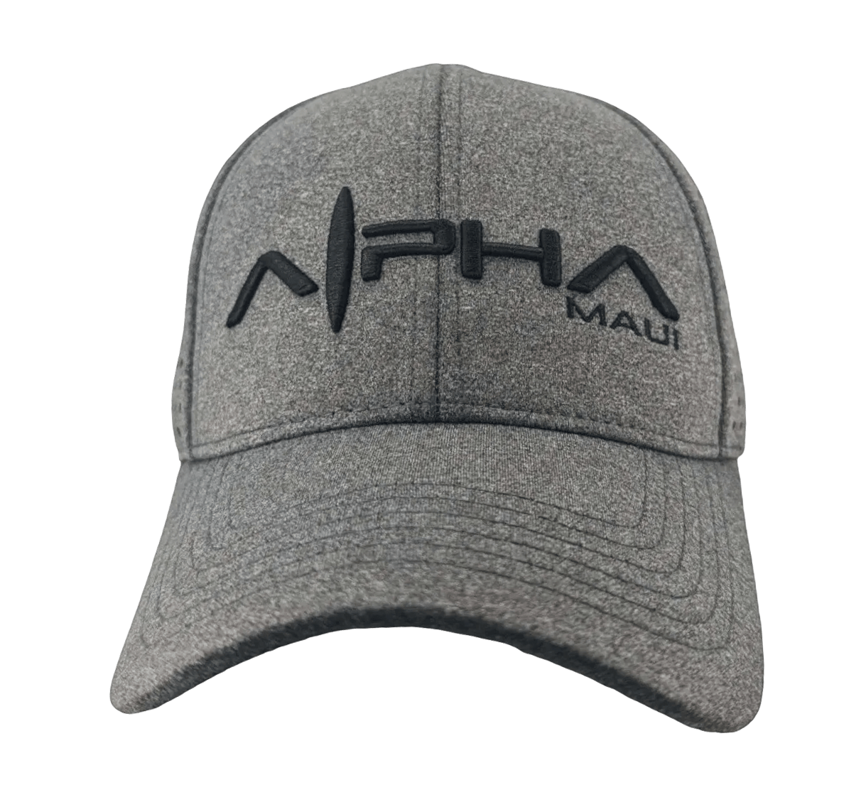 The Alpha Maui Roadster is a gray baseball cap featuring the "Alpha Maui" logo embroidered in black on the front. The logo showcases the word "Alpha" with a stylized vertical line resembling a wave or lightning bolt between the "A" and "L". This cap, ideal for beach apparel, has a curved brim and marled texture that captures Hawaii's relaxed Ohana spirit.