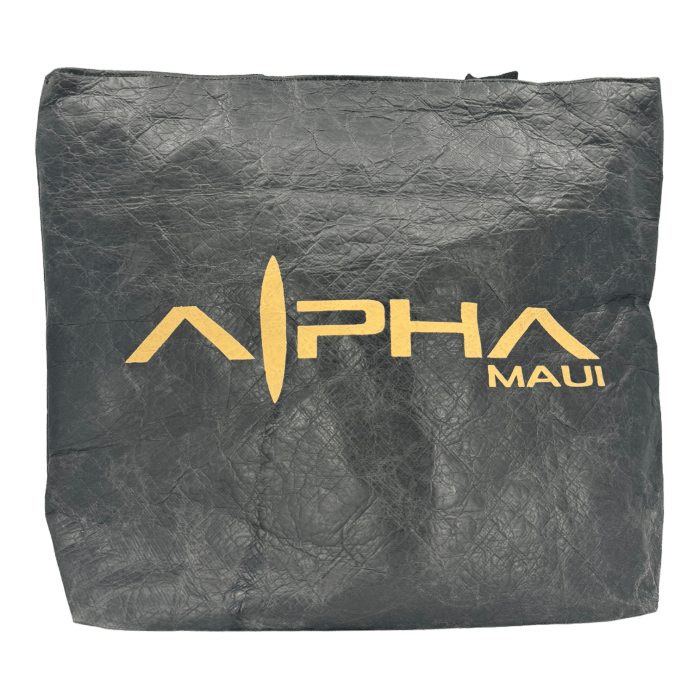 A black, textured Alpha Maui Dupont Bag featuring yellow "Alpha Maui" text. The "A" in "Alpha" is creatively designed to look like a surfboard standing upright, embracing the beachwear spirit. Its slightly crinkled material adds a rugged charm, ideal for your Ohana adventures.