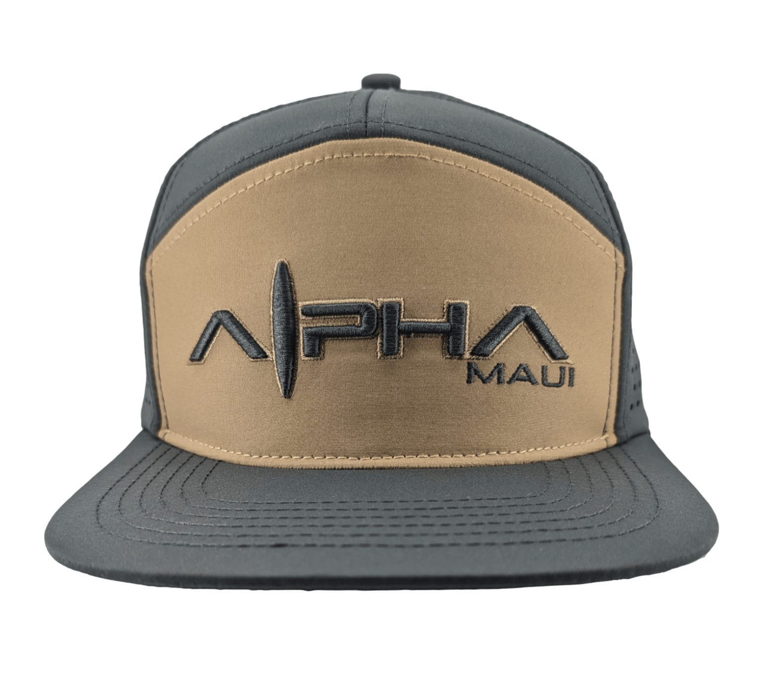 Introducing the Hydro Hunter, a stylish two-tone baseball cap that features "Alpha Maui" in large black embroidered letters and "Ohana" in smaller black letters on the front. The cap boasts a grey bill and sides, with a tan front panel. A triangular logo is elegantly placed between "Alpha Maui," making this hat a perfect addition to your wardrobe that brings a touch of Hawaii to any outfit.