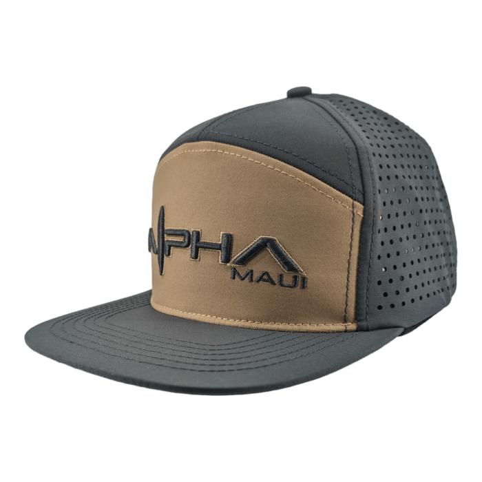 A grey and tan baseball cap with the word "Alpha" and "Maui" embroidered on the front, perfect for those who love Hawaii. The left side and back of this beach apparel feature perforated panels for ventilation. It boasts a flat brim and a structured front panel.