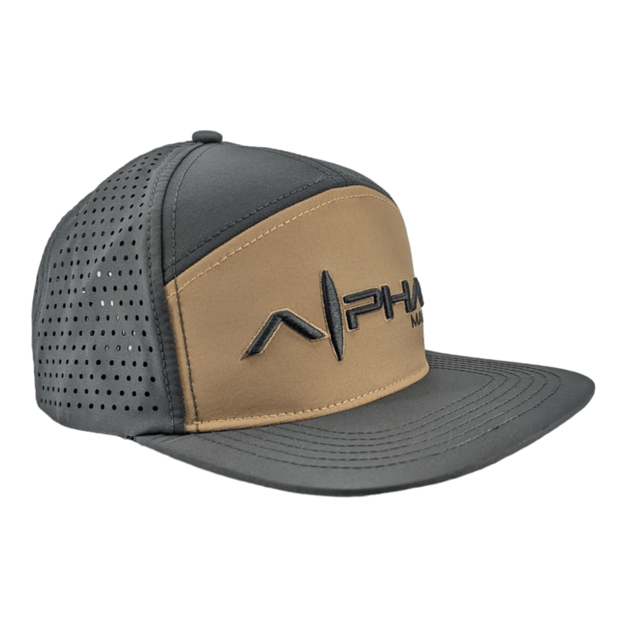 A two-tone baseball cap featuring a black and tan color scheme. The cap has a black brim, a tan front panel with the Alpha Maui logo showing the text "PHA" and a stylized letter "N". The black side panels are ventilated with small perforations for breathability.