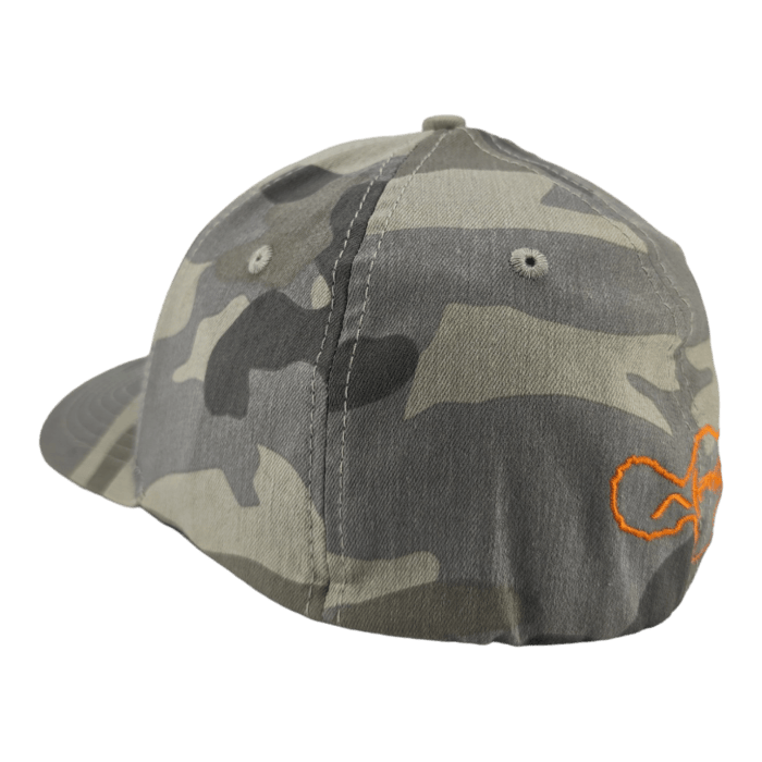 A camouflage-patterned baseball cap with shades of green and gray. The back features an orange embroidered design and "Ohana" script, making it perfect for your Hawaii adventures. Ventilation holes keep you cool, while the brim shares the same beach apparel-ready camouflage pattern.