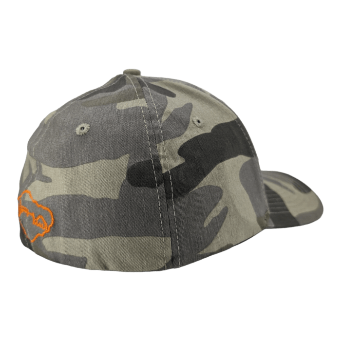 A camouflage-patterned baseball cap with shades of green, gray, and black, featuring an orange Ohana logo on the left side. The cap is shown from a side angle, highlighting its design and stitching details against a plain black background.