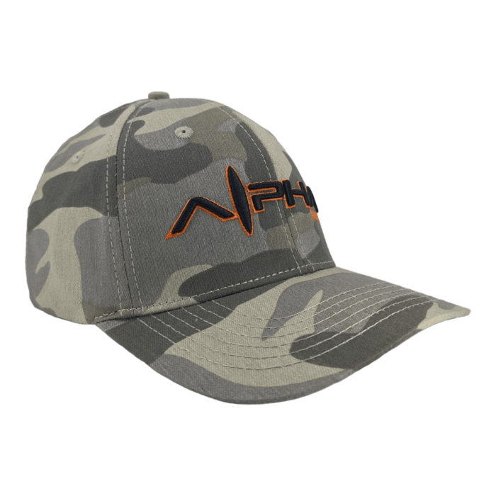 A camouflage baseball cap with various shades of gray and green. The front of the cap features an orange and black embroidered logo with the text "Alpha Maui." The cap has stitching details on the front panel and the brim.