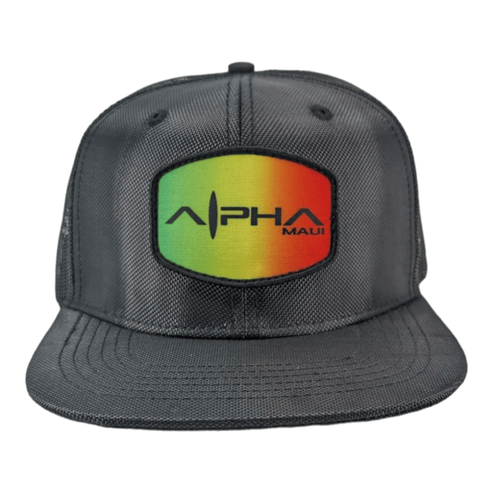 A dark grey baseball cap with a rectangular patch on the front. The patch features a gradient background transitioning from green to yellow to red. The text on the patch reads "Alpha Maui" with "Alpha" in large lettering and "Maui" in smaller text, making it perfect beach apparel for your Aloha spirit.