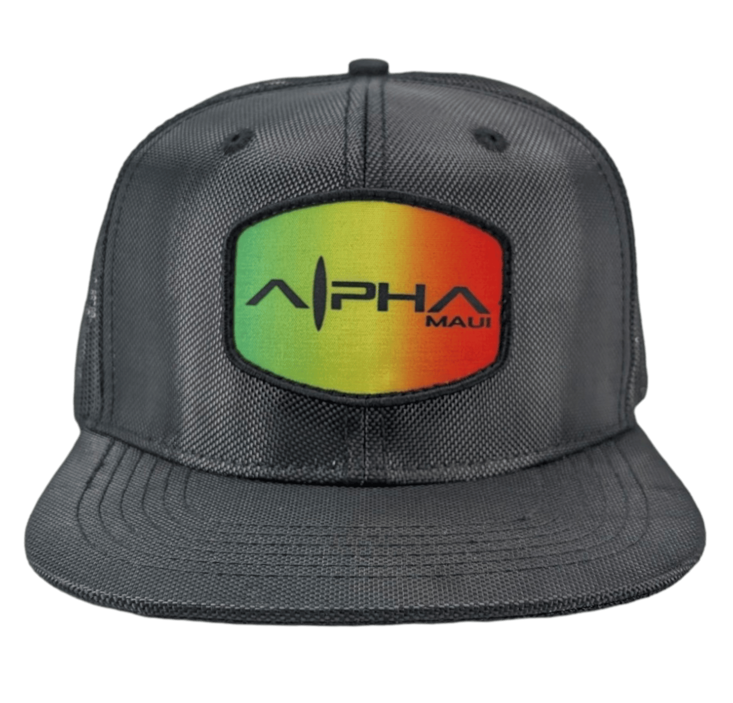 The I·rie is a gray snapback hat featuring the "Alpha Maui" logo on the front, which displays the text "Alpha Maui" in black against a gradient background transitioning from green to yellow to red. This hat, representing the spirit of Ohana, boasts a mesh texture and a flat brim.