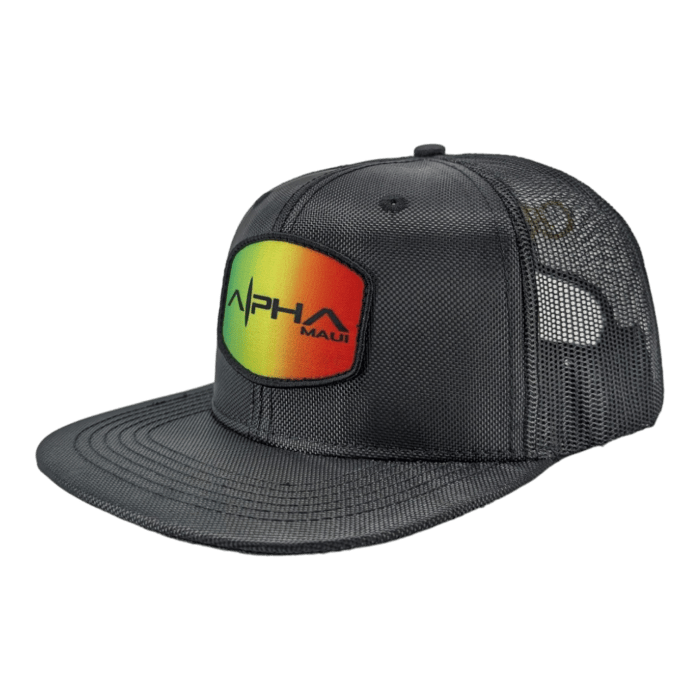 A black mesh trucker hat featuring a colorful patch on the front. The patch has a gradient design in red, yellow, and green, and displays the text "Alpha Maui" with a stylized wave symbol. Perfect for beach apparel in Hawaii, the hat has a flat brim and adjustable snapback closure.