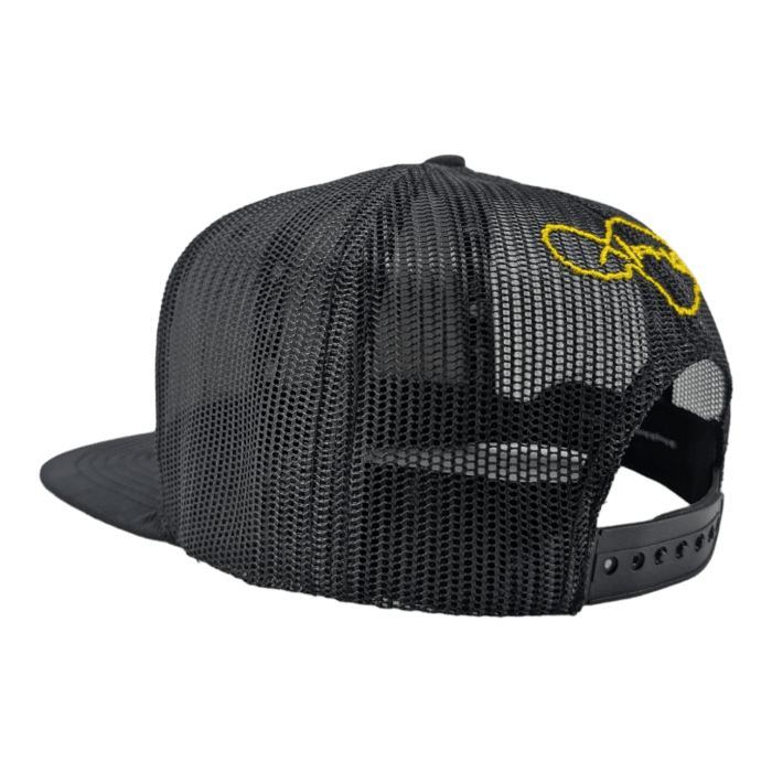 A black mesh trucker hat with a yellow embroidered Alpha Maui logo on the side. The cap features a flat brim and an adjustable snapback closure. The semi-transparent mesh material highlights its sleek design, perfect for representing Ohana spirit against a black background.