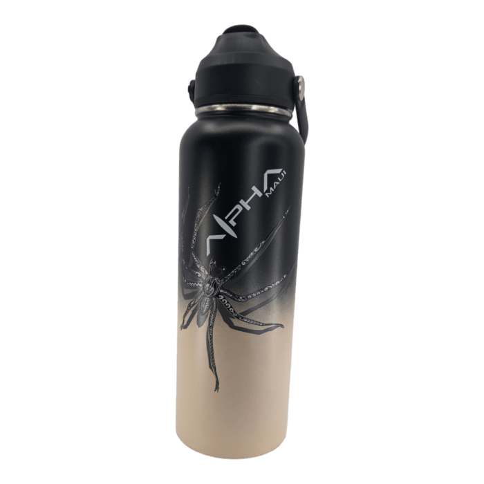 The Daddy Cane Thermo is a black and beige gradient water bottle featuring a detailed octopus illustration. It has a black cap with a handle and is branded with the text "Alpha Maui" along with a stylized "N" logo, capturing the spirit of Hawaii.