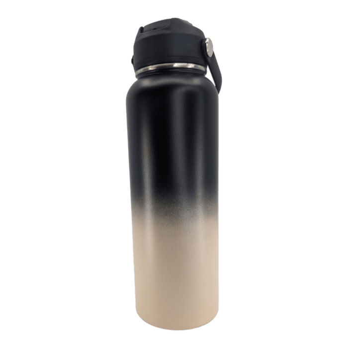 Introducing the Daddy Cane Thermo, a tall, gradient water bottle that transitions from black at the top to beige at the bottom. Perfect for pairing with your beach apparel, it features a sturdy black screw-on lid with a handle and a silver button for easy lid release. Aloha vibes included!