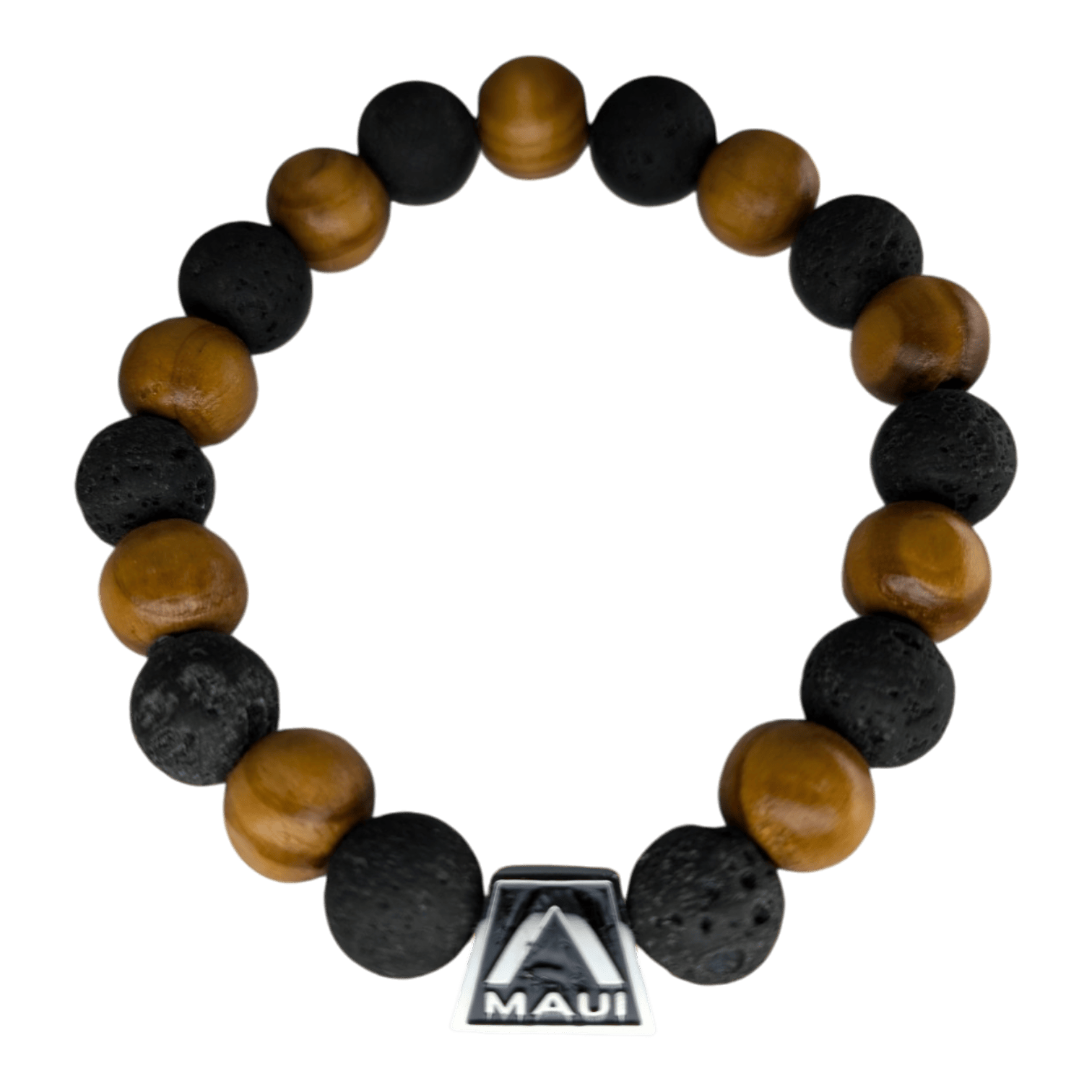 Introducing the Shell Pearlet bracelet, perfect for beach apparel. This exquisite piece features alternating wooden and black lava beads and a distinctive silver pyramid-shaped charm with the word "Maui" engraved below an intricately carved mountain icon, symbolizing Ohana. The bracelet is elegantly arranged in a circular layout.