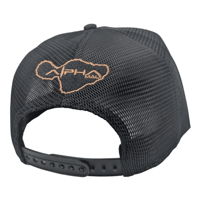 The Balance is a black mesh trucker hat with an adjustable snapback. The back of the hat features an embroidered design of the Hawaiian islands with the text "Aloha Maui" in orange stitching.