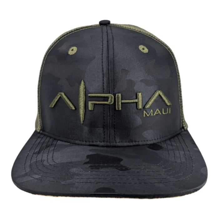 The Gladiator is a black and gray camouflage baseball cap featuring "ALPHA" embroidered in bold green letters and "MAUI" in smaller green letters on the front. The cap also has a mesh back and a flat brim.