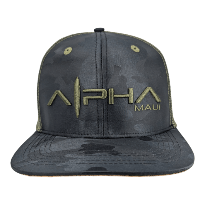 Introducing The Gladiator: a solid black baseball cap featuring a stylish camo pattern and the phrase "Alpha Maui" embroidered on the front in green. This cap boasts a flat brim and is accented with green stitching along the edges for an eye-catching finish.