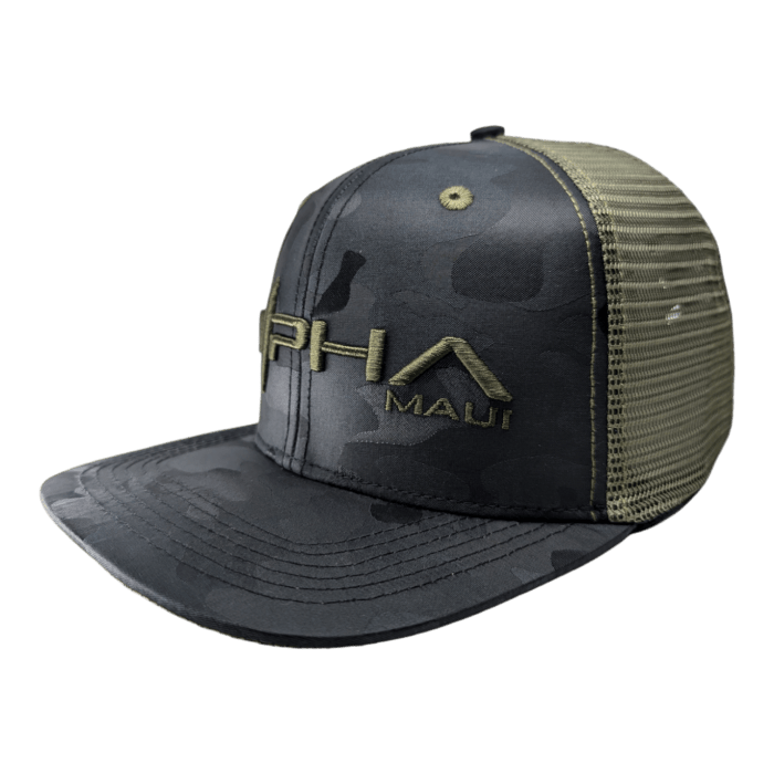 Introducing The Gladiator: a black and olive camo trucker hat featuring a mesh backing. The front panel showcases the word "Alpha" embroidered in green, with a flat bill and snapback closure.