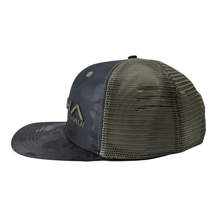 Introducing The Gladiator, a black and olive green trucker hat adorned with a camouflage pattern on the brim and front panels. This stylish hat features gold embroidered text and mesh back panels for added comfort.